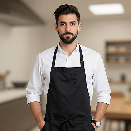 Photograph of a handsome, bearded man with dark hair, wearing a white shirt and black apron, standing in a modern kitchen.