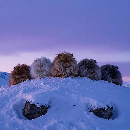 Fluffy Animals Resting on Snowy Hilltop