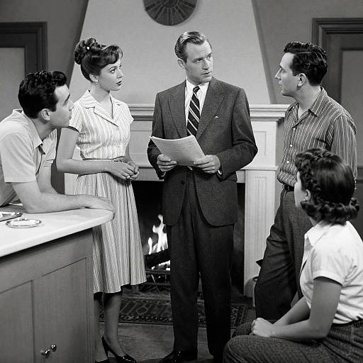 Vintage Film Set Discussion in Black and White