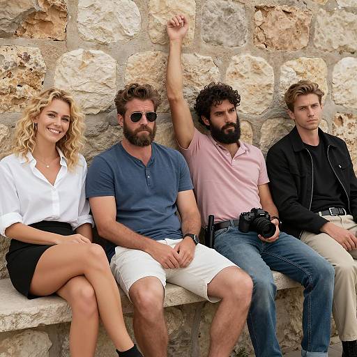 Casual Group Portrait by Stone Wall