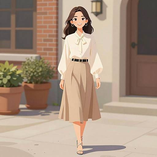 Anime-style digital illustration of a smiling woman with long black hair, wearing a white blouse, beige skirt, black belt, and sandals, walking on a