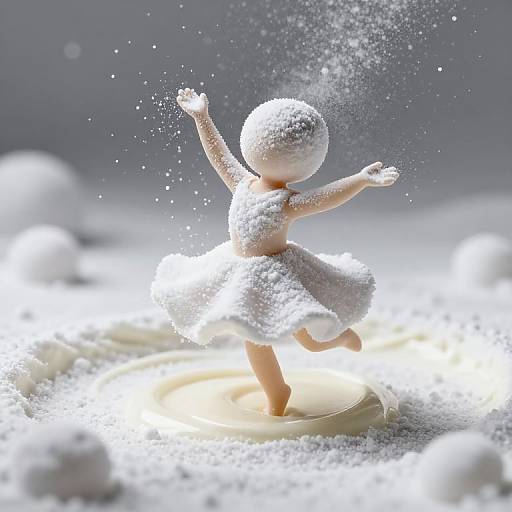 Photograph of a small, white, snow-covered doll dancing on a glowing circular platform amidst a snowy, ethereal landscape.
