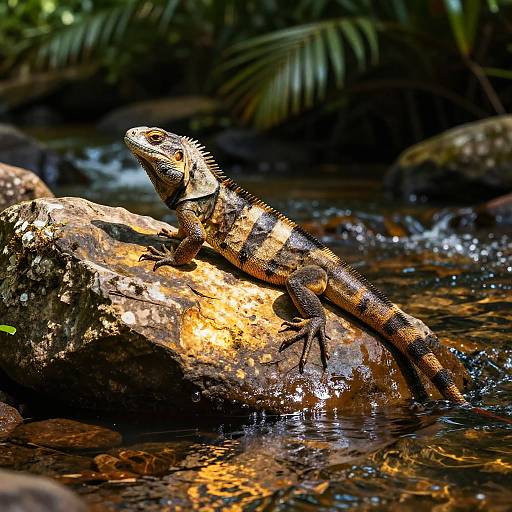 Liguana on Sunlit Jungle River Rocks