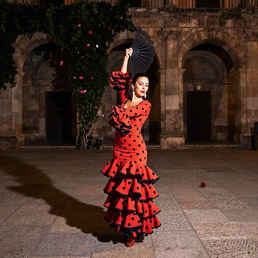 Photograph of a woman in a red, black polka-dotted, ruffled dress, holding a black fan, dancing in a dimly lit