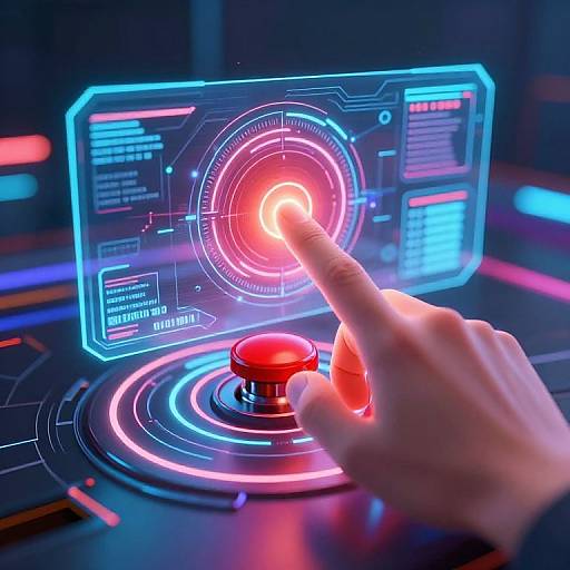 Photograph of a hand with a pointing finger touching a glowing red button on a futuristic, neon-lit control panel.