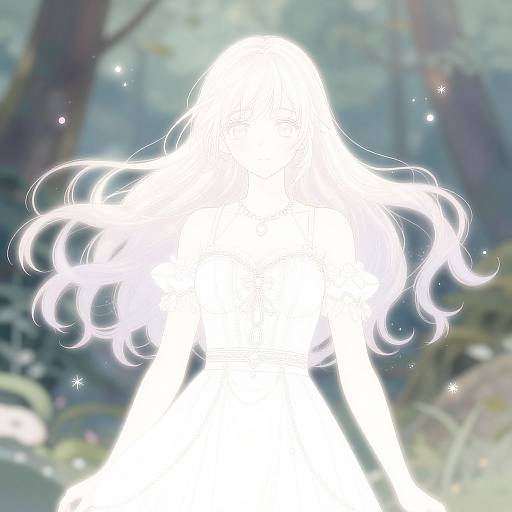 Whimsical digital anime-style silhouette of a girl with flowing white hair, set against a blurry, mystical forest background. Bright, glowing light effect.