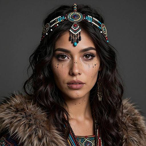 Photograph of a young woman with dark wavy hair, wearing a jeweled headpiece, fur-lined garment, and beaded necklace, against a