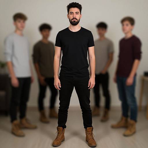 Photograph of a bearded man in black t-shirt and pants, brown boots, standing center, blurred background with four men in casual clothes.