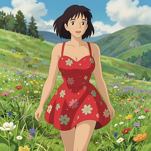 Anime-style drawing of a smiling woman with short black hair in a red floral dress, walking through a vibrant, colorful meadow with mountains and blue sky
