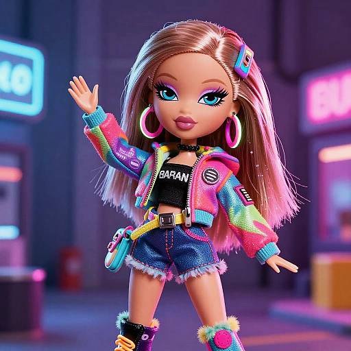 Digital CGI image of a stylish Barbie doll with long blonde hair, bright blue eyes, colorful jacket, denim shorts, large hoop earrings, and urban neon