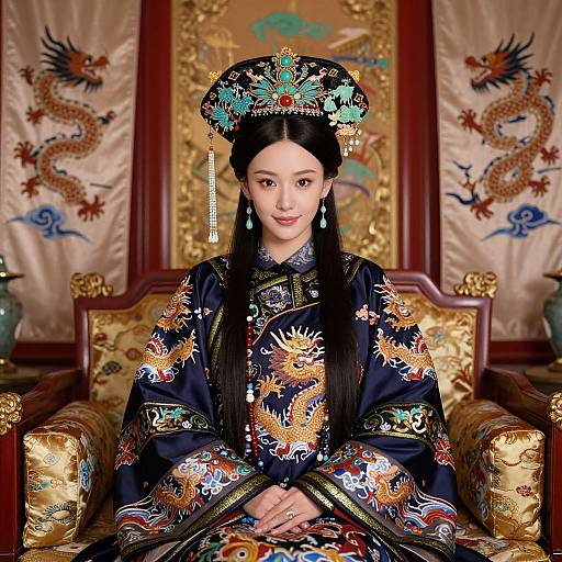 Photograph of an East Asian woman in an ornate, traditional Chinese dragon-patterned robe and headdress, seated on a gold-upholstered chair