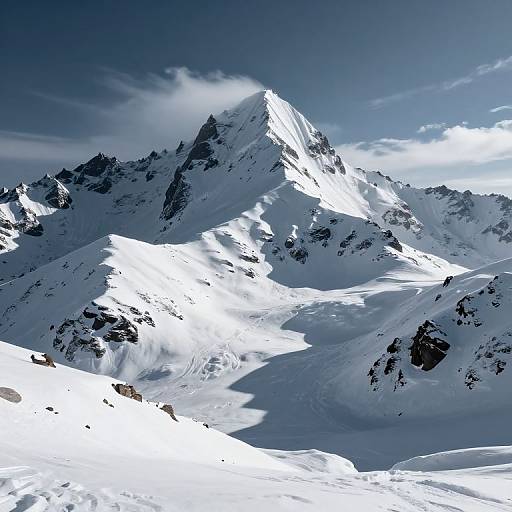 Photograph of a snow-covered mountain peak with sharp, jagged edges under a clear blue sky with scattered clouds. Bright sunlight casts stark shadows on the