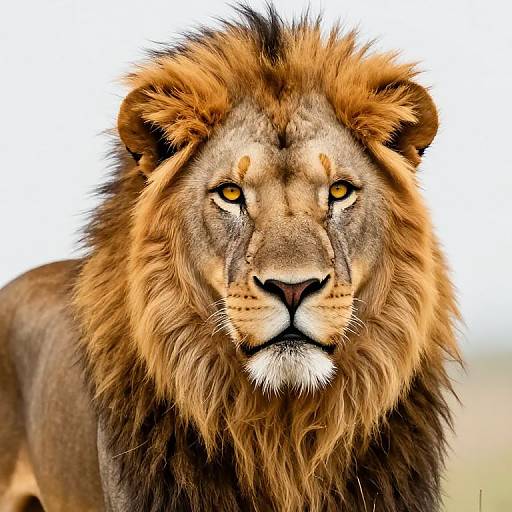 Photograph of a majestic male lion with a dense, golden-brown mane, intense yellow eyes, and a focused expression, set against a blurred,