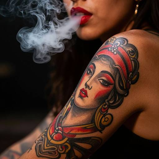 Tattooed woman with red lips and smoking, detailed arm tattoo of a regal, red-and-black face, dark background, vivid colors.