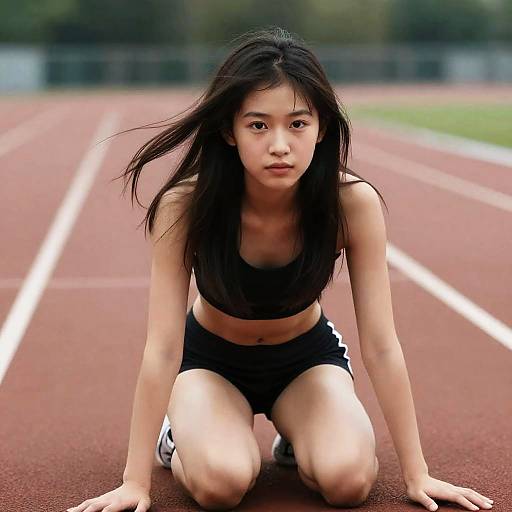 Young Female Athlete Kneeling on Track