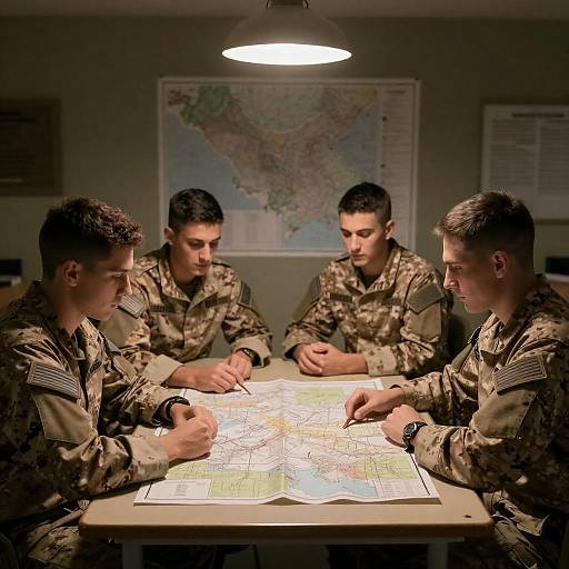 Soldiers Strategizing in Dim Light