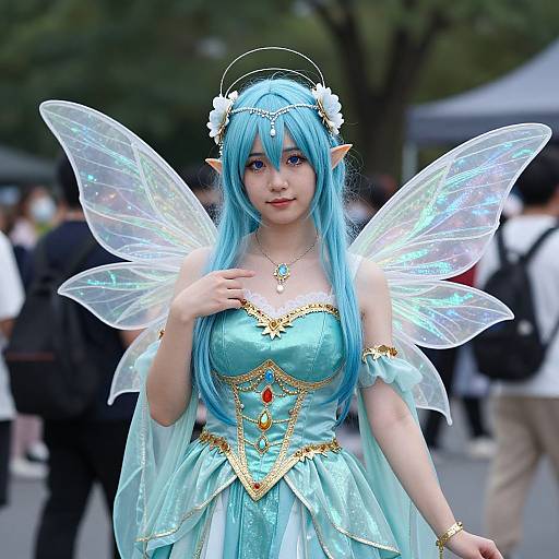Photograph of a young Asian woman cosplaying a fairy with blue hair, translucent wings, elf ears, and turquoise dress with gold and red accents,