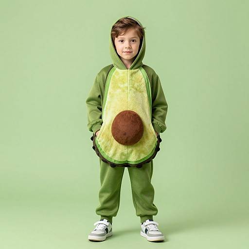 Photograph of a young boy with light skin and brown hair, wearing a green and yellow avocado-themed onesie with a brown pit, standing against a