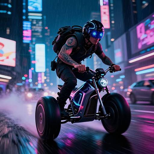 Tattooed motorcyclist in neon helmet and goggles rides through a rain-soaked, neon-lit city street at night on a futuristic scooter