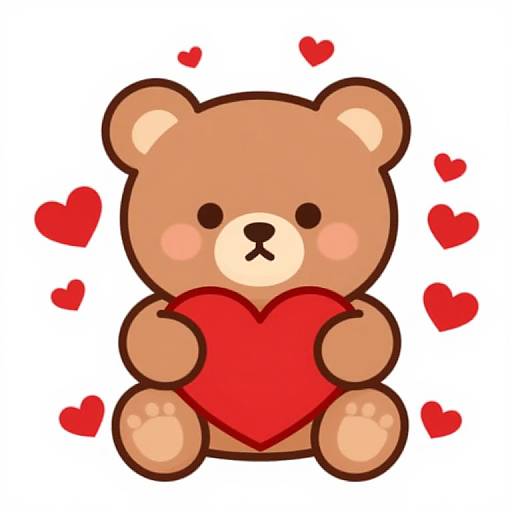 Cute digital cartoon teddy bear holding a red heart, surrounded by small red hearts, against a plain white background.
