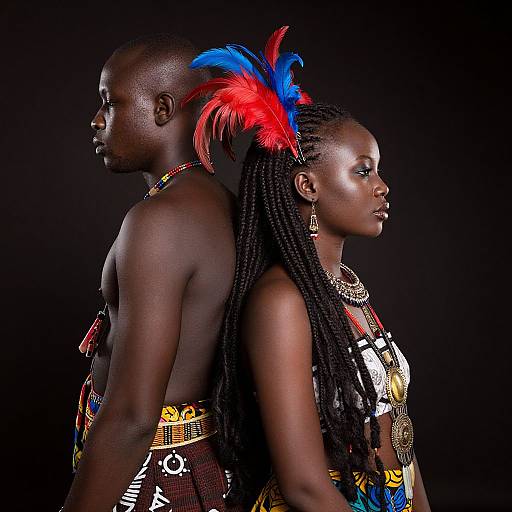 Photograph of a muscular, shirtless Black man with red and blue feathered headpiece, standing back-to-back with a Black woman in colorful tribal