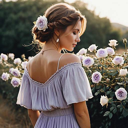 Woman in Lavender Bohemian Dress Among Lavender Roses