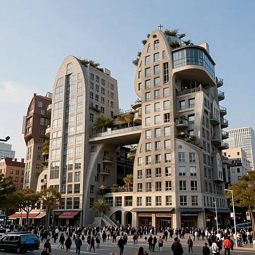 Photograph of a modern, curvilinear, multi-story building with green roofs and balconies, surrounded by a bustling city square with pedestrians.