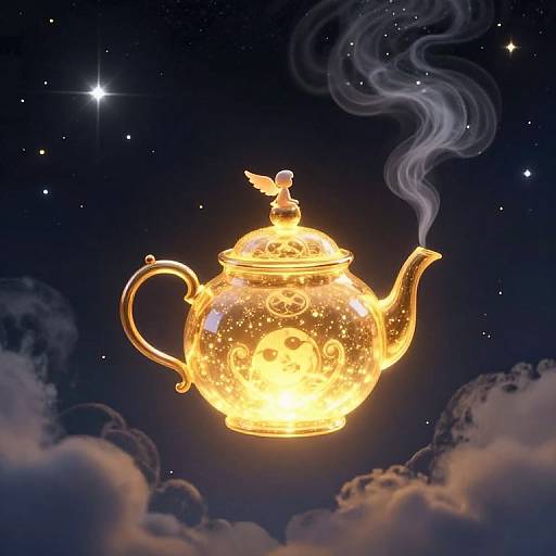 Glowing golden tea kettle with steam, ornate design, and small angel figurine, floating in a starry night sky with clouds. Digital
