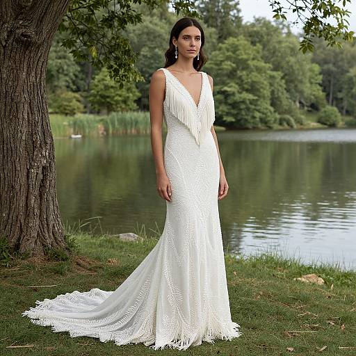 Photograph of a woman with dark hair in a white, sleeveless, V-neck lace wedding dress, standing by a tree by a lake.