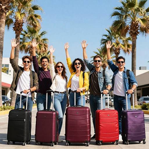 Six Joyful Travelers Under Sunny Palms