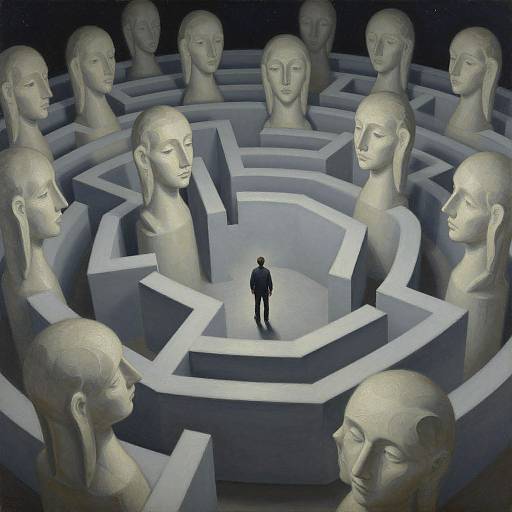 Surreal digital artwork of a small human figure standing in the center of a maze surrounded by numerous calm, stone-like head sculptures. Dark background contrasts
