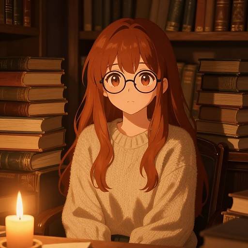 Anime-style drawing of a bespectacled, long-haired girl in a cozy white sweater, sitting in a dimly lit library with stacked books and