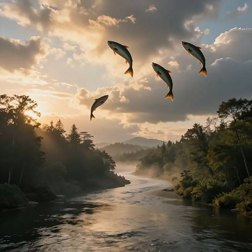 Photograph of four fish leaping from a sunlit river at sunset, surrounded by misty, forested banks and dramatic, cloudy sky.