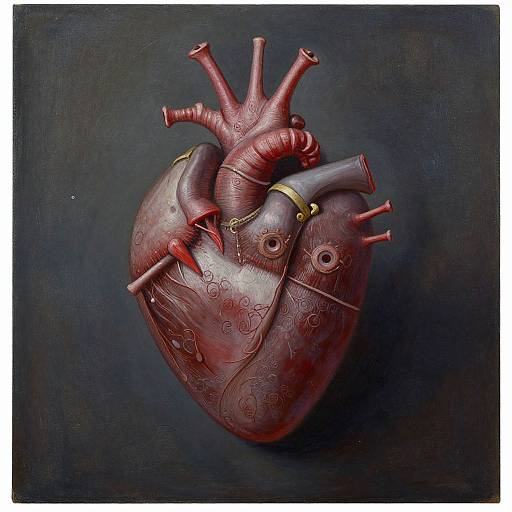 Hyper-realistic, dark red, textured digital painting of a human heart with intricate patterns, gold rings, and red arteries against a black background.