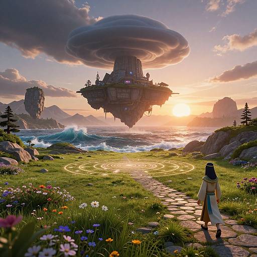 Fantasy landscape: sunset, floating island, ringed hovering structure, ocean waves, grassy path, colorful flowers, cloaked figure walking, dramatic