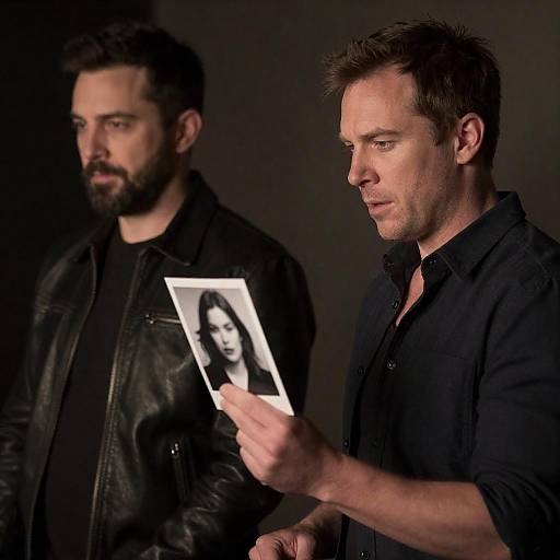Two men examining photo in dimly lit room