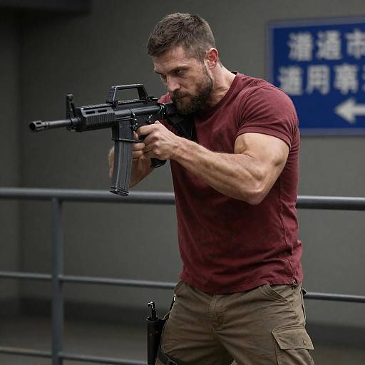 Intense Man with Assault Rifle in Industrial Scene