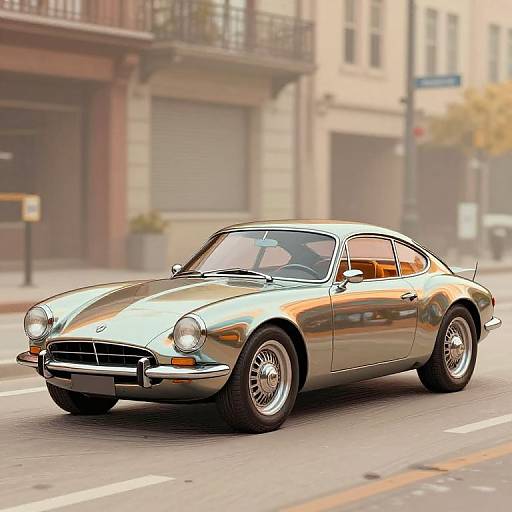 Photograph of a shiny silver classic Ferrari 250 GT driving on a city street, with blurred buildings and street signs in the background.