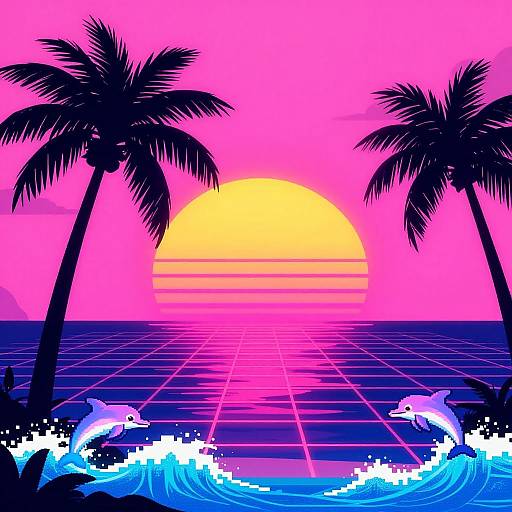 Bright neon pink and yellow sunset with silhouetted palm trees, dolphins jumping, and vibrant blue waves in a retro grid pattern. Digital artwork.