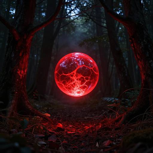 Red Glowing Orb Over Dark Forest