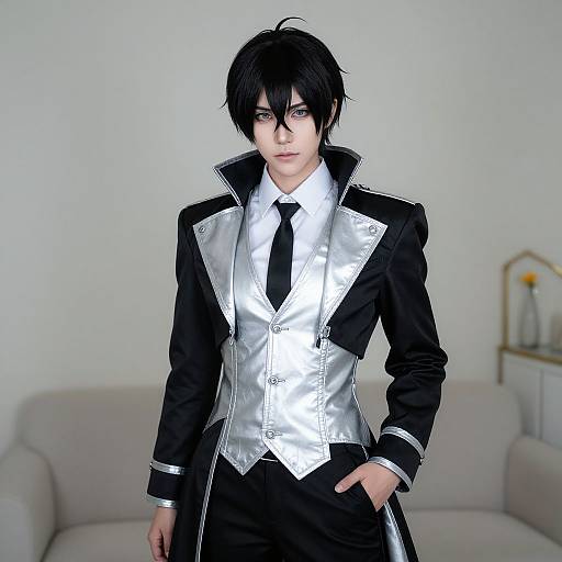 Photograph of a pale-skinned, black-haired young man in a black and silver formal suit with a black tie, standing in a minimalist living room