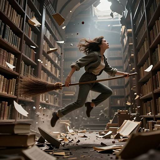 Surreal Librarian Soars Amidst Chaos