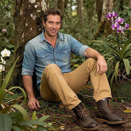 Photograph of a smiling, middle-aged man with brown hair, blue denim shirt, beige pants, and brown boots, sitting against a tree in a