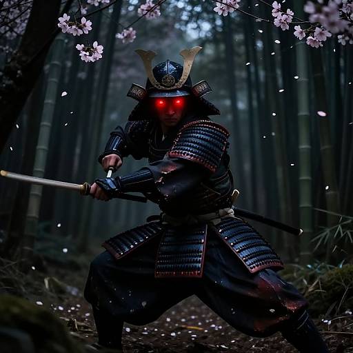Redeye Samurai in Cherry Blossom Forest