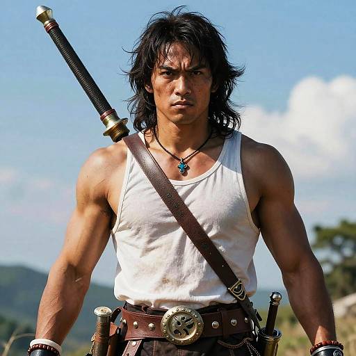 Photograph of a muscular, tan-skinned man with black, messy hair, wearing a white tank top, brown belt, and sword sheathed on