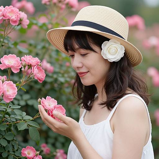 Photograph of a smiling young woman with fair skin, dark brown wavy hair, wearing a white dress, straw hat with black band and white rose