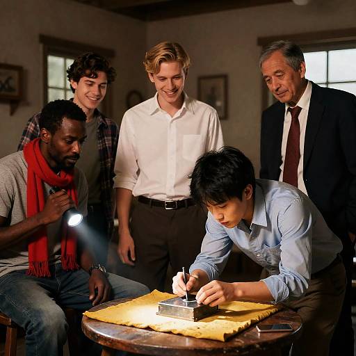 Group Investigating Metal Object in Rustic Room