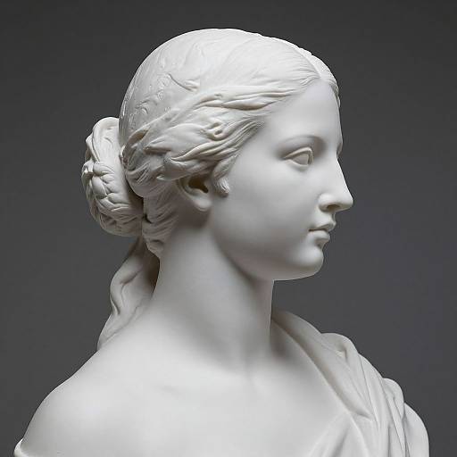 Photograph of a white marble bust of a classical-style woman with intricately detailed hair in a bun, facing right, against a dark gradient background.