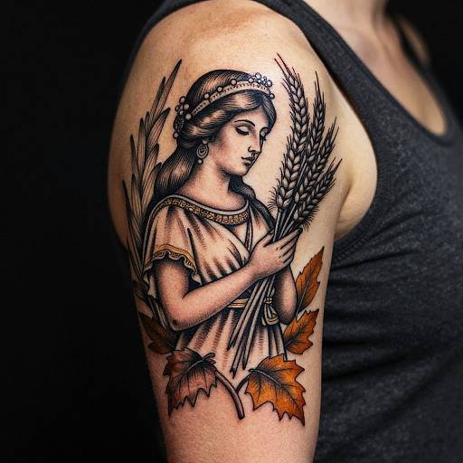 Tattoo of a classical-style woman with laurel wreath, holding wheat and autumn leaves, on a person's upper arm. Black ink with