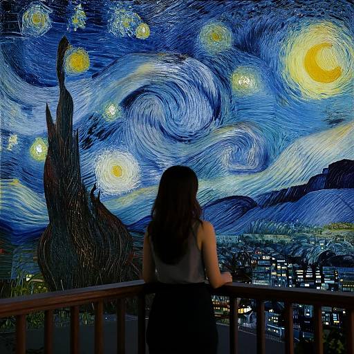 Photograph of a woman with long dark hair, back to camera, standing on balcony, gazing at a vibrant, swirling blue Vincent van Gogh